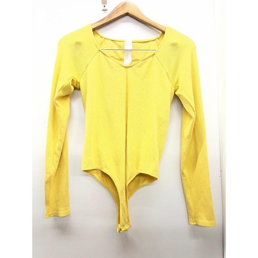 Fabletics Yellow Ribbed Long Sleeve Bodysuit Sweetheart Neck XL